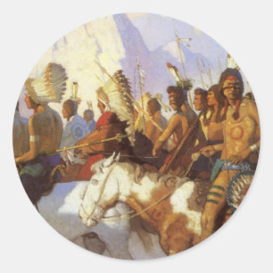Sticker Rond Art occidental vintage, Indian War Party par NC Wy