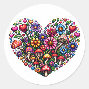Sticker Rond Art Pixel Coeur Floral