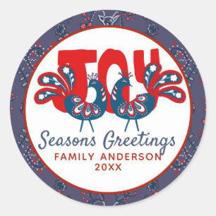 Sticker Rond Art populaire Noël Oiseau scandinave Rouge Bleu