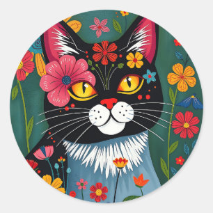 Sticker Rond Art populaire noir et blanc Chat et fleurs Whimsic
