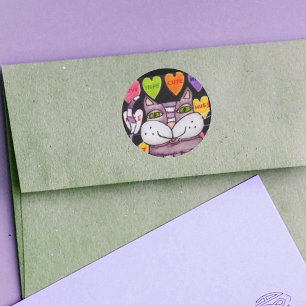 Sticker Rond Art populaire pourpre de chat de coeur de sucrerie