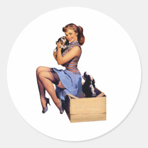 Sticker Rond Art rétro Brunette Pin-up Girl with Puppies Dogs