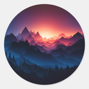 Sticker Rond Art vectoriel du coucher de soleil de montagne