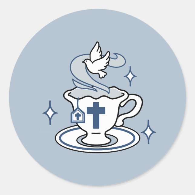 Sticker Rond Art Vivant Fidèle - Teacup avec Croix et Dove (Devant)