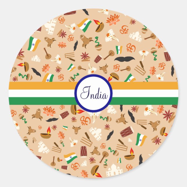 Sticker Rond Articles culturels indiens avec drapeau et texte (Devant)