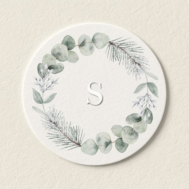 Sticker Rond Artisan Winter Botanique Monogramme Initial Ivoire (Artisan Winter Botanical Monogram Initial Round Sticker)