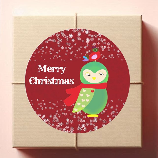 Sticker Rond Artistes de la fête de la Chouette Verte de Noël d (Kid's Red Merry Christmas Green Owl Party Crafts Classic Round Sticker)
