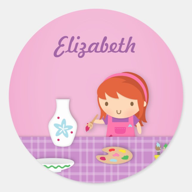 Sticker Rond Arts mignons de peinture de poterie d'enfants pour (Devant)