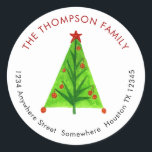 Sticker Rond Artsy Christmas Nom de retour Adresse<br><div class="desc">Un design simpliste avec ce sapin de Noël artistique au centre,  avec votre nom courbé ci-dessus et votre adresse de retour courbée ci-dessous. Tout le texte peut être facilement personnalisé.</div>