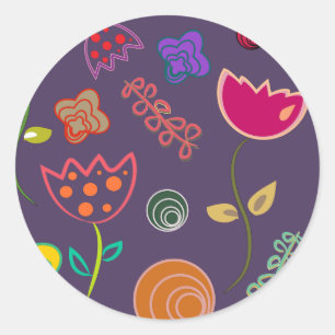 Sticker Rond Arty moderne fleurs violettes et roses