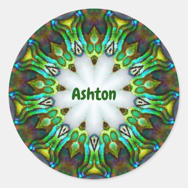 Sticker Rond ASHTON ~ Personalized Paua Shell Fractal ~ Classic (Devant)