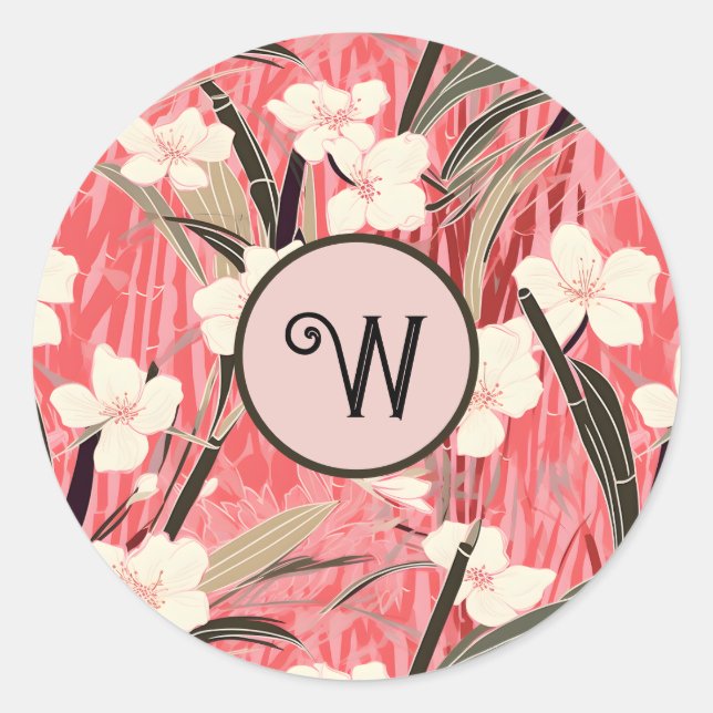 Sticker Rond Asian Floral Pink Peach White Chinoiserie Monogram (Devant)