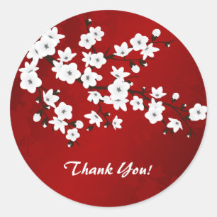Sticker Rond Asie Floral blanc cerise fleurs Merci rouge