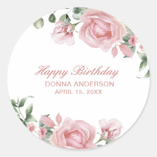 Sticker Rond Assiette de fête d'anniversaire à fleurs roses