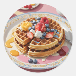 Sticker Rond Assiette de petit-déjeuner gaufre aux fruits rouge
