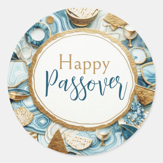 Sticker Rond Assiette de Seder Agate Bleu Or Joyeuse Pâque (Devant)
