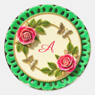 Sticker Rond Assiette décorative à bordure verte avec rose rose