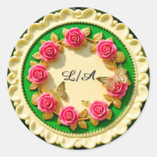 Sticker Rond Assiette décorative à bordure verte avec rose rose