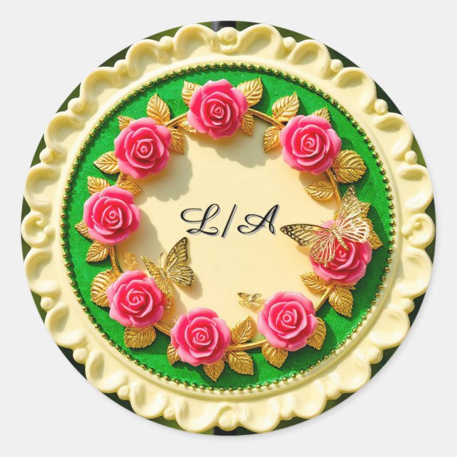 Sticker Rond Assiette décorative à bordure verte avec rose rose (Devant)