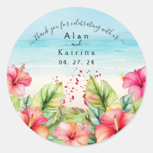 Sticker Rond Assiette en papier à motif d'hibiscus de plage tro
