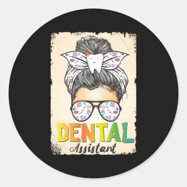 Sticker Rond Assistant dentaire Messy Bun Hygiéniste oral (Devant)