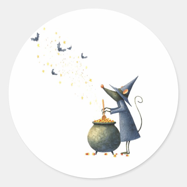 Sticker Rond Assistant Souris éffrayante à Cauldron — Hallo rét (Devant)