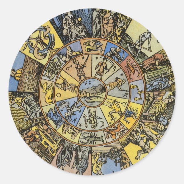 Sticker Rond Astrologie Vintage, Roue du Zodiaque de la Renaiss (Devant)