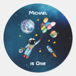Sticker Rond Astronaut Balloons galaxie Rocket Space Nom 1er