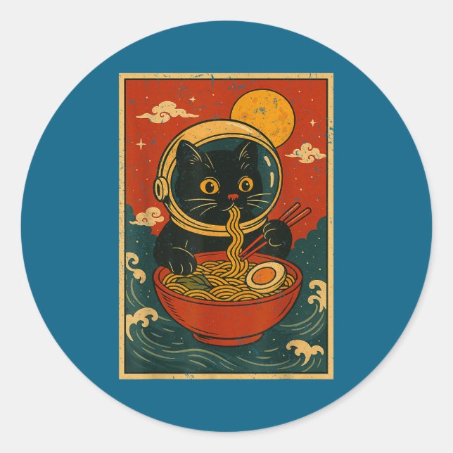 Sticker Rond Astronaut Cat Ramen Japanese Graphic Tees Men Wome (Devant)