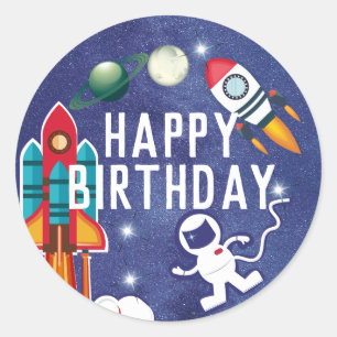 Sticker Rond Astronaut Rocket Ship Space Joyeux anniversaire