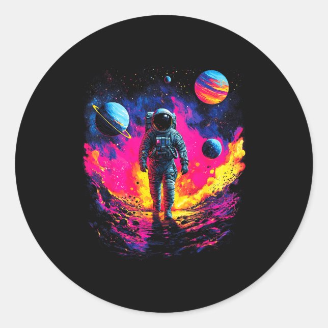 Sticker Rond Astronaut Walking In Galaxy Outer Space Explorer S (Devant)