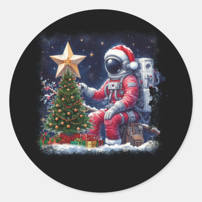 Sticker Rond Astronaute près de Noël Arbre Espace extra-atmosph (Devant)