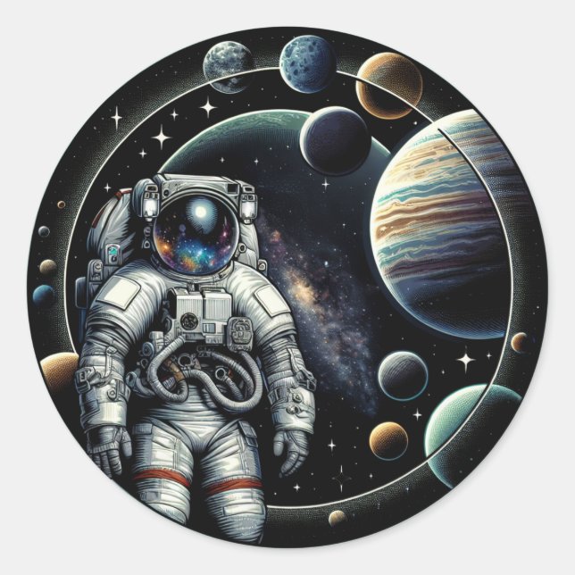 Sticker Rond Astronaute vintage et planètes (Devant)