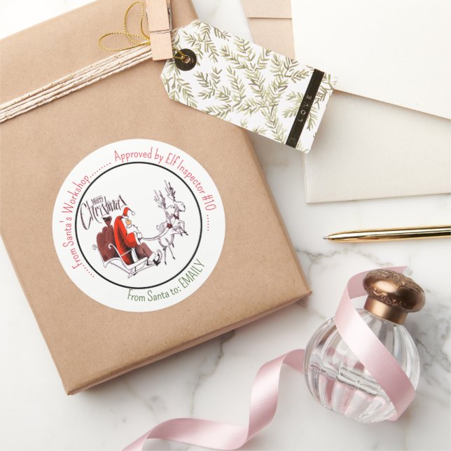 Sticker Rond Atelier Santa Claus Père Noël Riding Reindeer (Cadeaux)