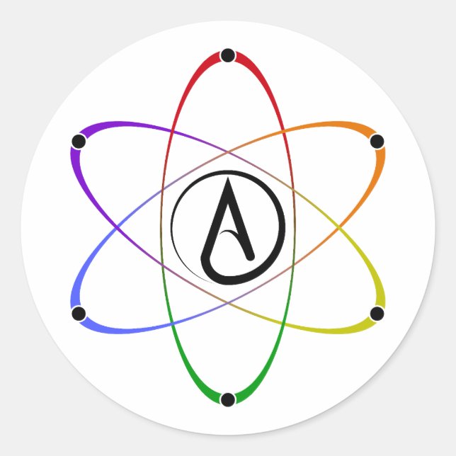 Sticker Rond Atheist Atom Symbol Rainbow Black (Devant)