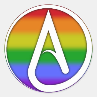Sticker Rond Atheist Symbol White over Rainbow