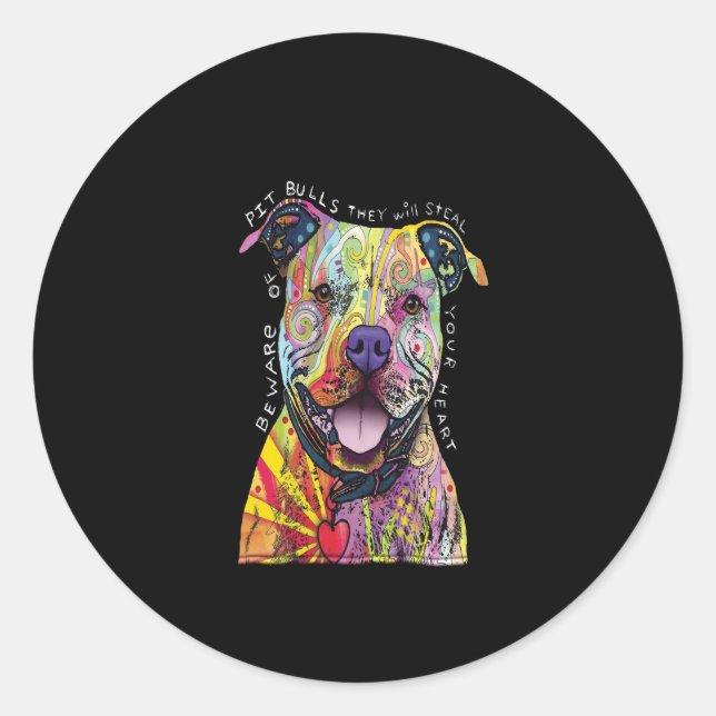 Sticker Rond attention aux chiens Pitbull, ils vous voleront le (Devant)