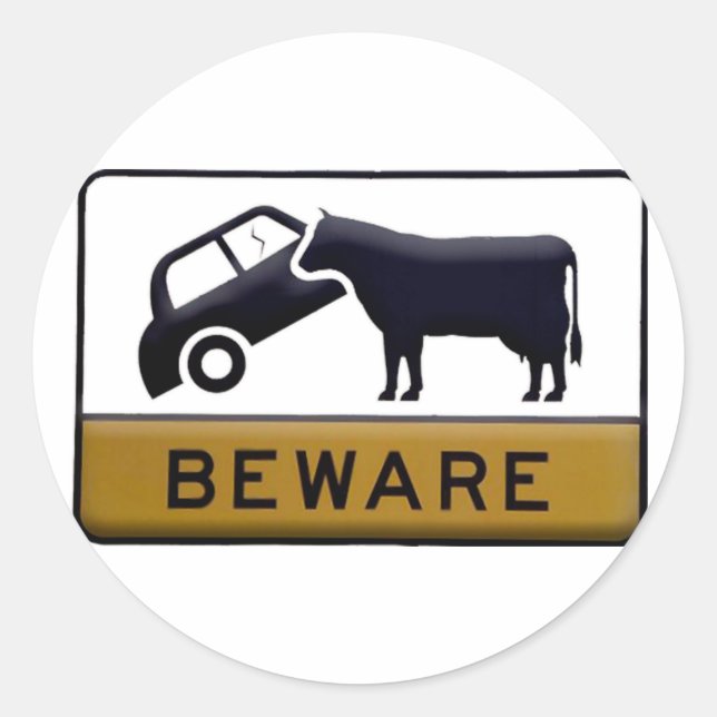Sticker Rond Attention - Voiture de vache (Devant)
