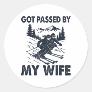 Sticker Rond Attrapé par ma femme drôle Husnd amateur de ski