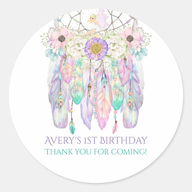 Sticker Rond Attrape-rêve Boho Féerique Pastels Plumes (Devant)