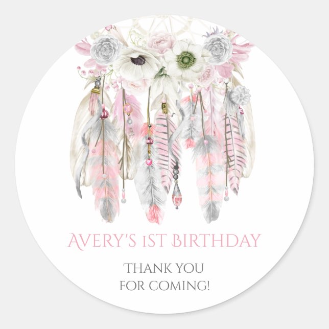 Sticker Rond Attrape-rêve Boho Rose Gris Plumes d'Ivoire (Devant)