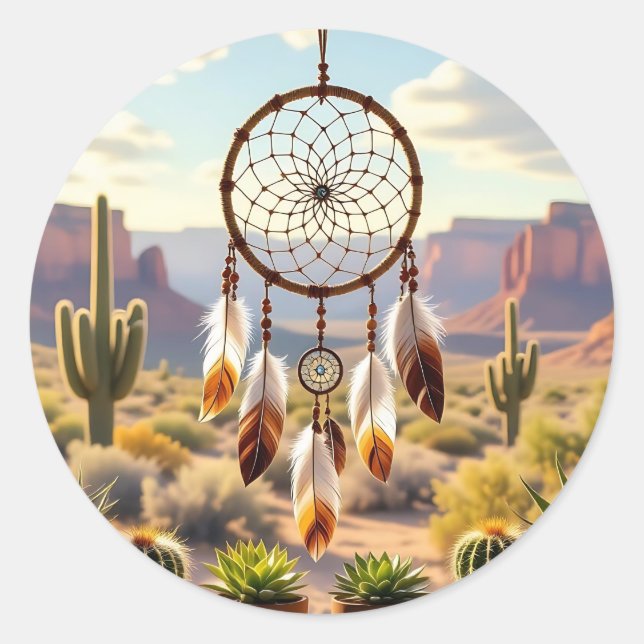 Sticker Rond Attrape-rêves, canyons du désert, cactus   (Devant)