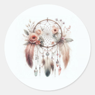 Sticker Rond Attrape-rêves Floral Cristal Plume Bohème Douce 16