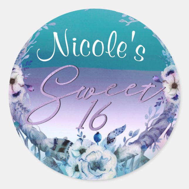 Sticker Rond Attrape-rêves Violet & Sarcelle Boho Sweet 16 Fête (Devant)