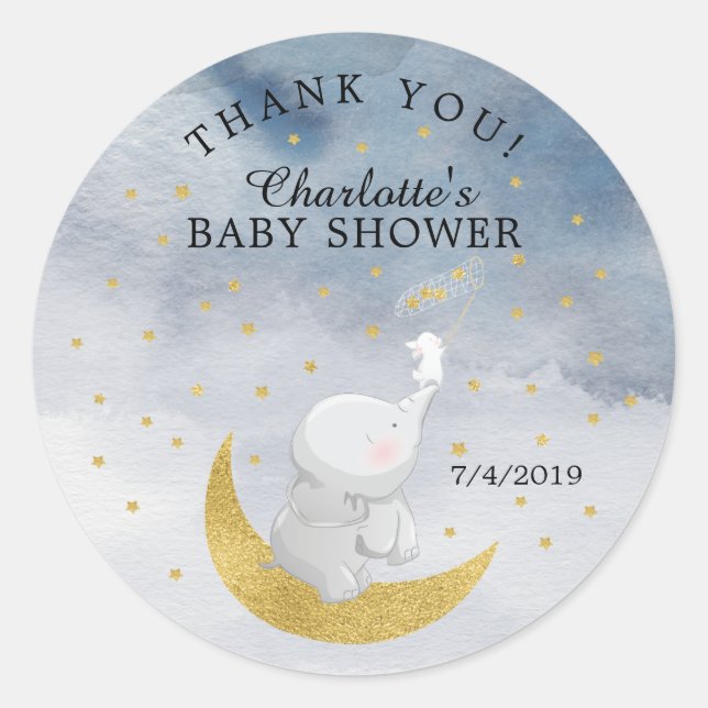 Sticker Rond Attraper Un Etoile Bunny Elephant Baby shower Merc (Devant)