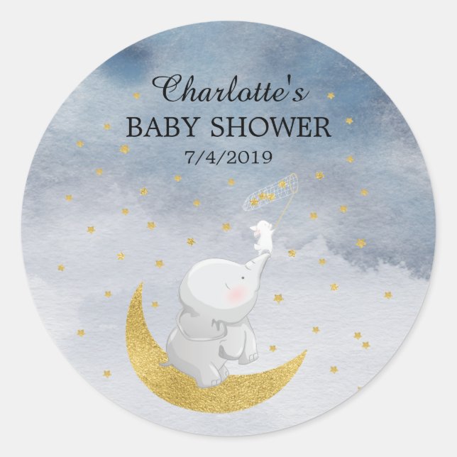 Sticker Rond Attraper Une Étoile Bunny Elephant Baby Merci Favo (Devant)