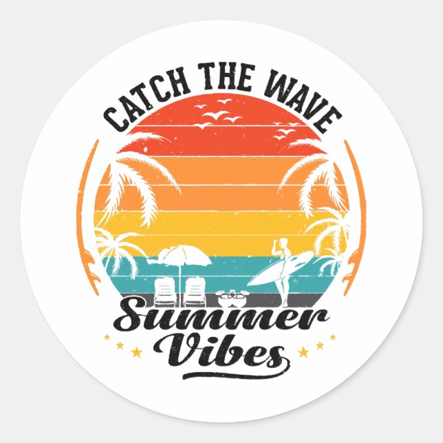 Sticker Rond Attrapez la vague d'effervescence estivale (Devant)
