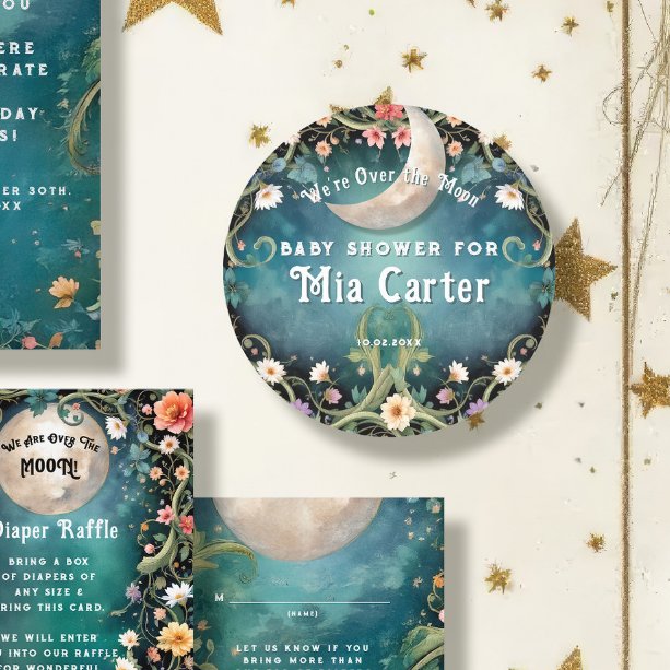 Sticker Rond Au-dessus de la lune Fille Floral Baby shower fill (Créateur téléchargé)