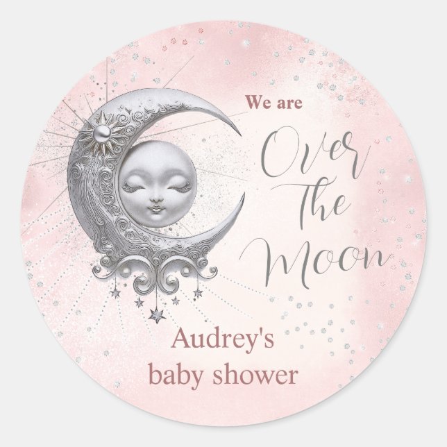Sticker Rond Au-Dessus Du Baby shower De Fille Rose Lune (Devant)
