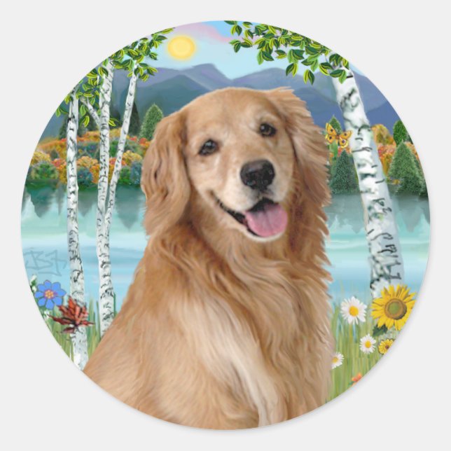 Sticker Rond Au lac - Golden Retriever (Devant)
